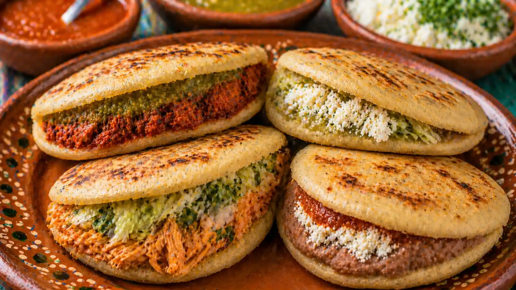 Golden gorditas filled with meat, beans, and cheese, served on a rustic plate.