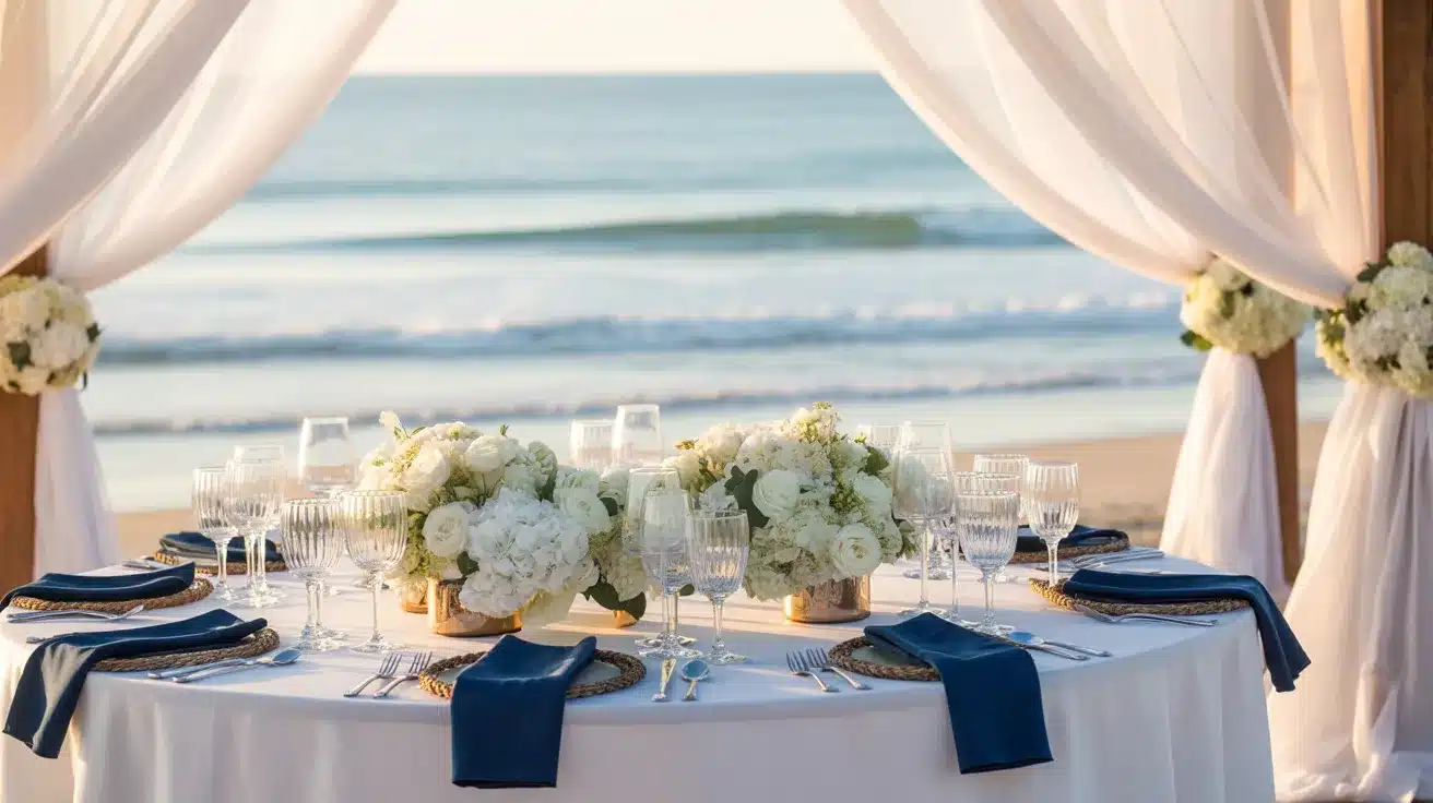 Coastal wedding decor featuring crisp blue and white tones with a fresh, elegant seaside-inspired look.