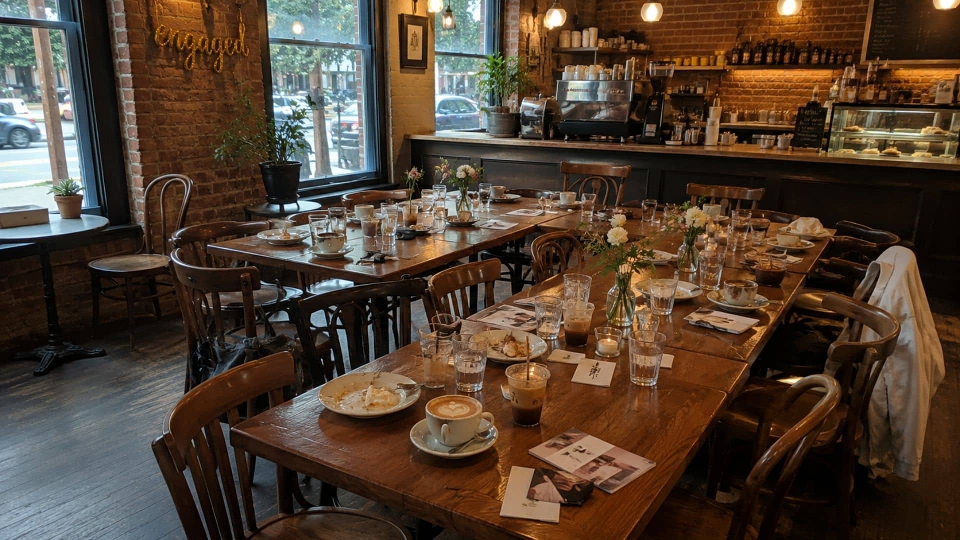 Cozy coffeehouse engagement gathering with cappuccino cups, iced coffee, pastries, flowers, and wooden tables.