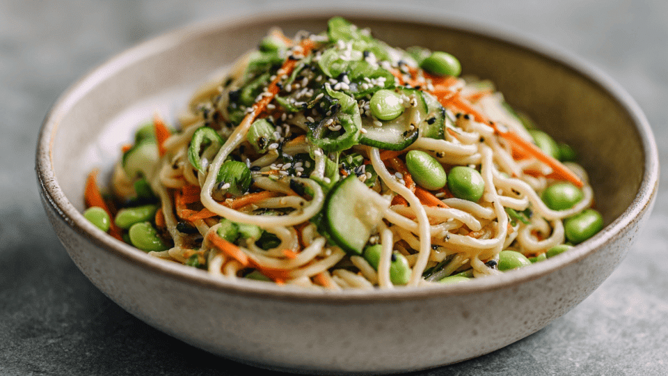 Cold ramen salad with vegetables, edamame, and sesame seeds