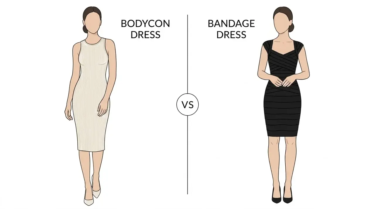 Side-by-side illustration comparing a cream bodycon dress with a fitted black bandage dress.