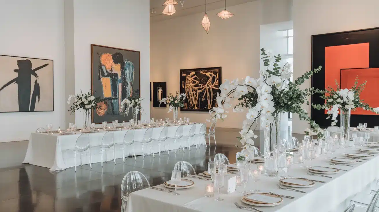 Contemporary art gallery with bright walls, modern artwork, and a sophisticated event setting.