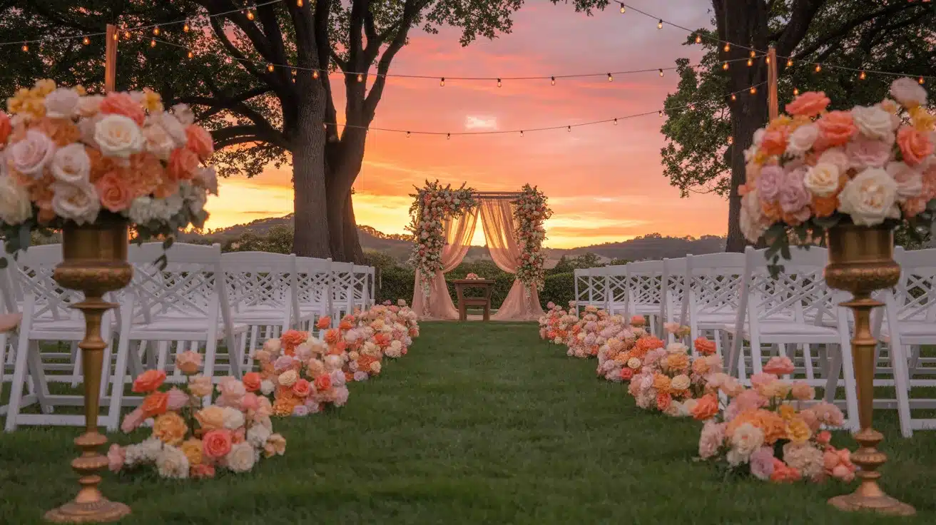 Summer wedding decor filled with glowing coral and peach shades inspired by the warmth of a sunset.