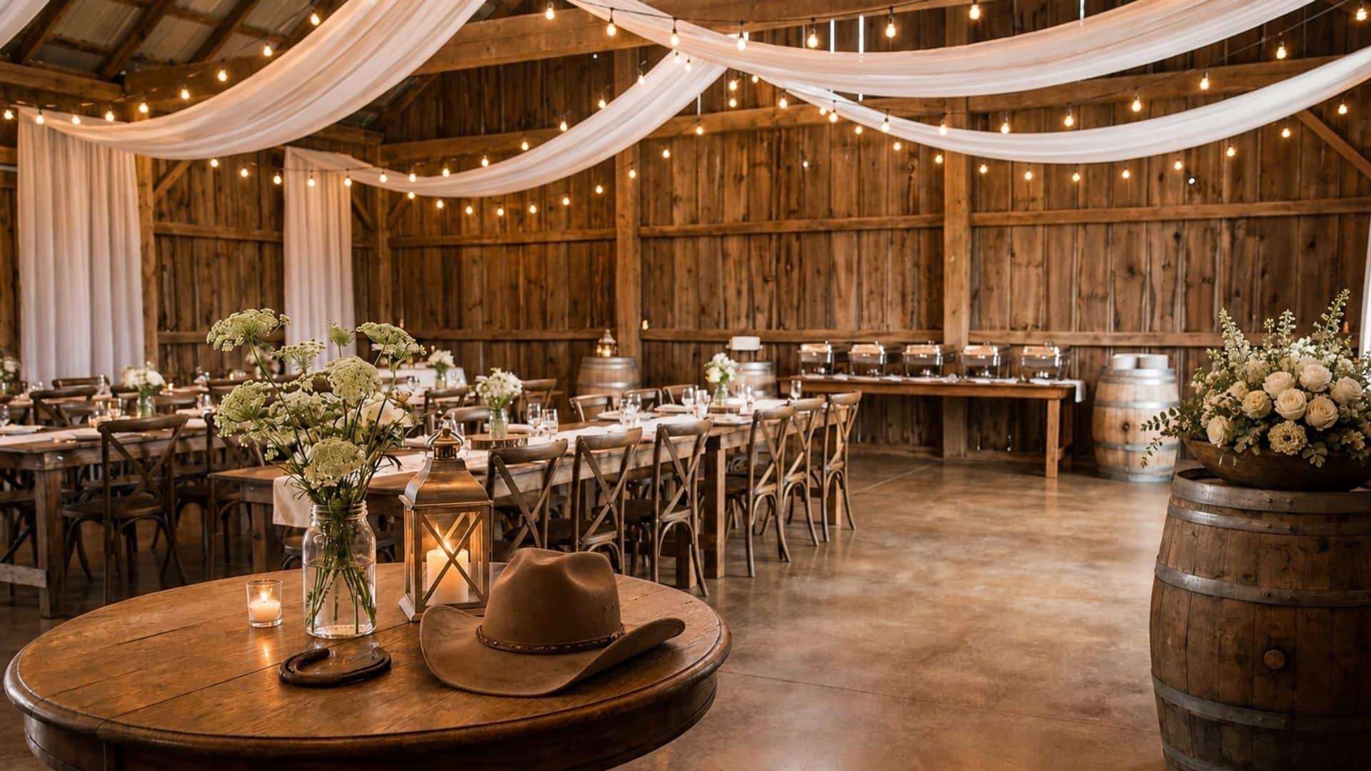 Rustic barn engagement party with wooden tables, cowboy hat, lantern, horseshoe, and warm string lights.