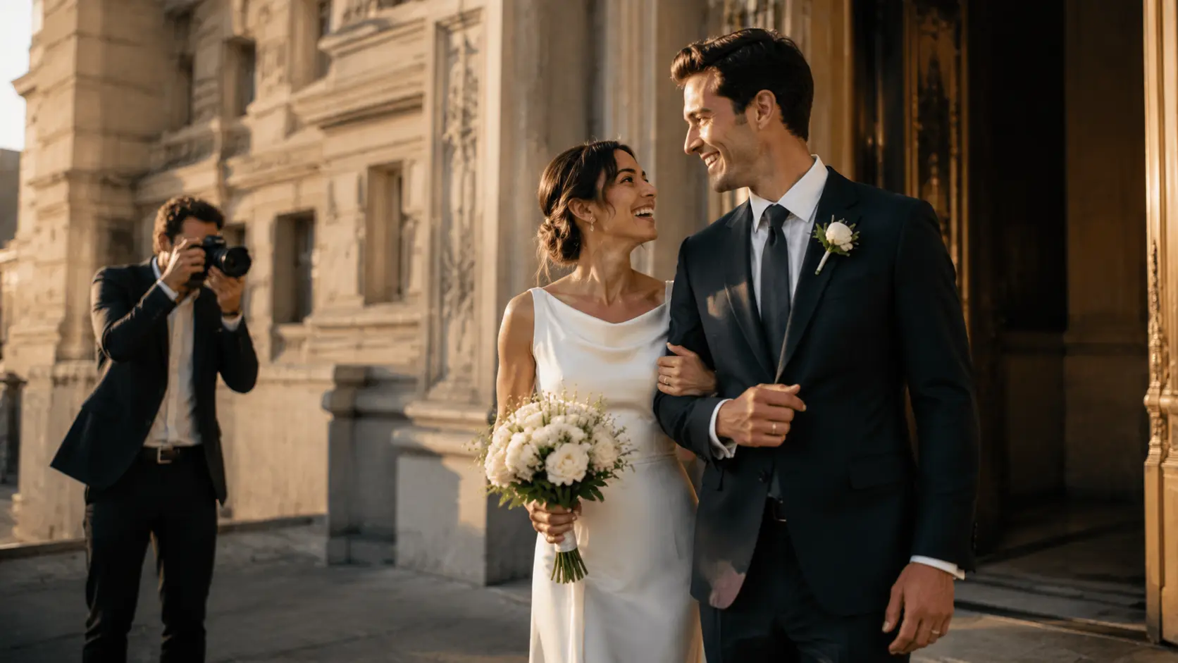 Bride and groom walking arm in arm outside a courthouse while a photographer takes their wedding photo.