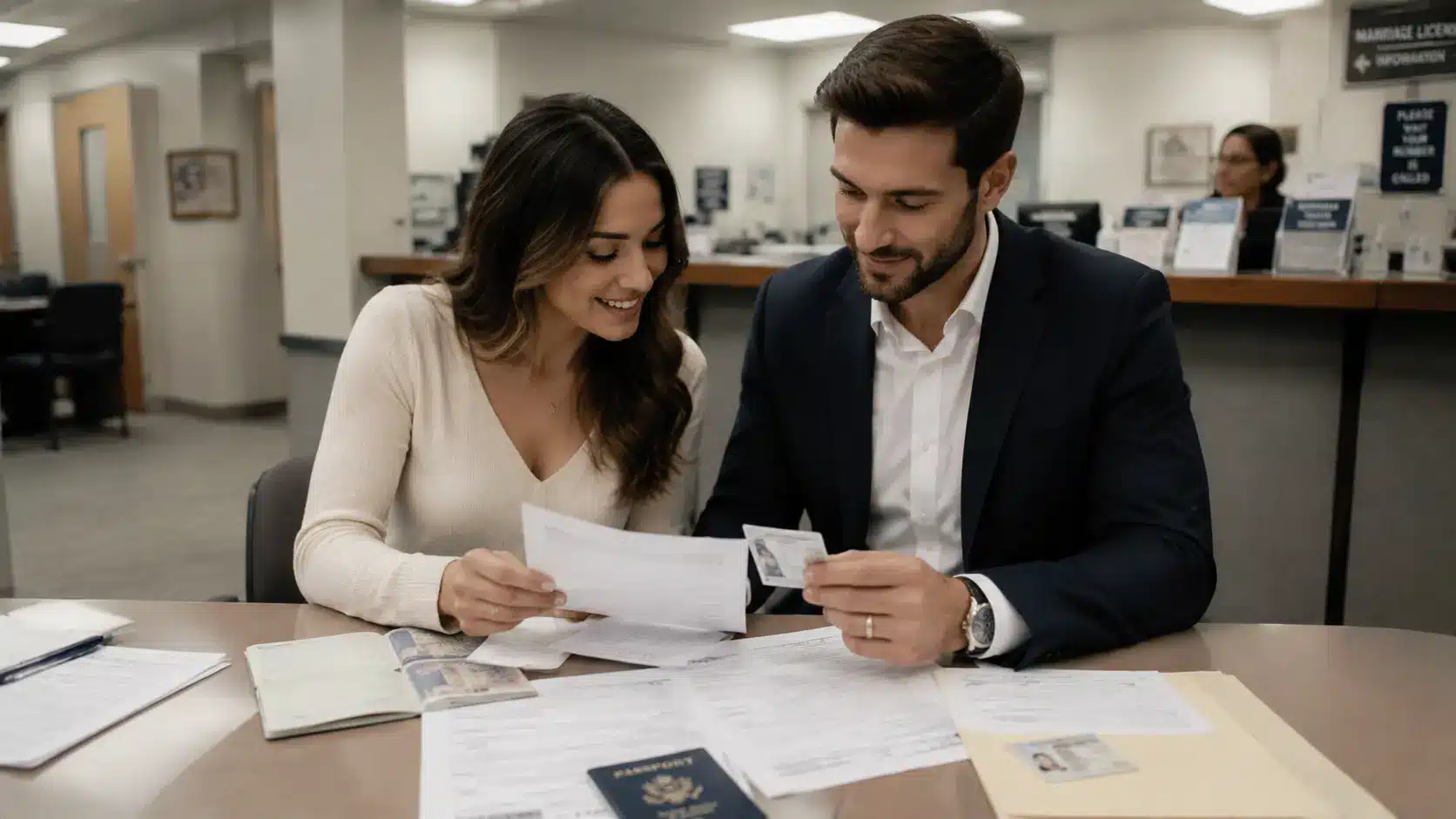 Couple reviewing marriage license paperwork with passports and photo IDs at a courthouse clerk’s office.
