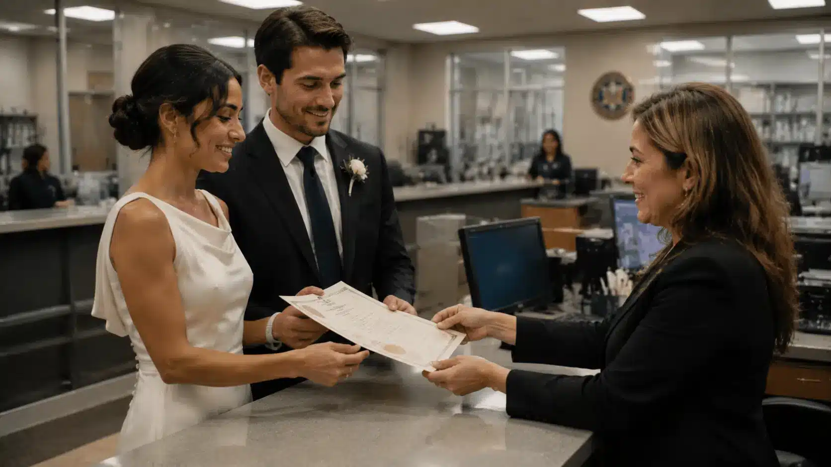 Bride and groom receiving their official marriage certificate from a courthouse clerk at the service counter.