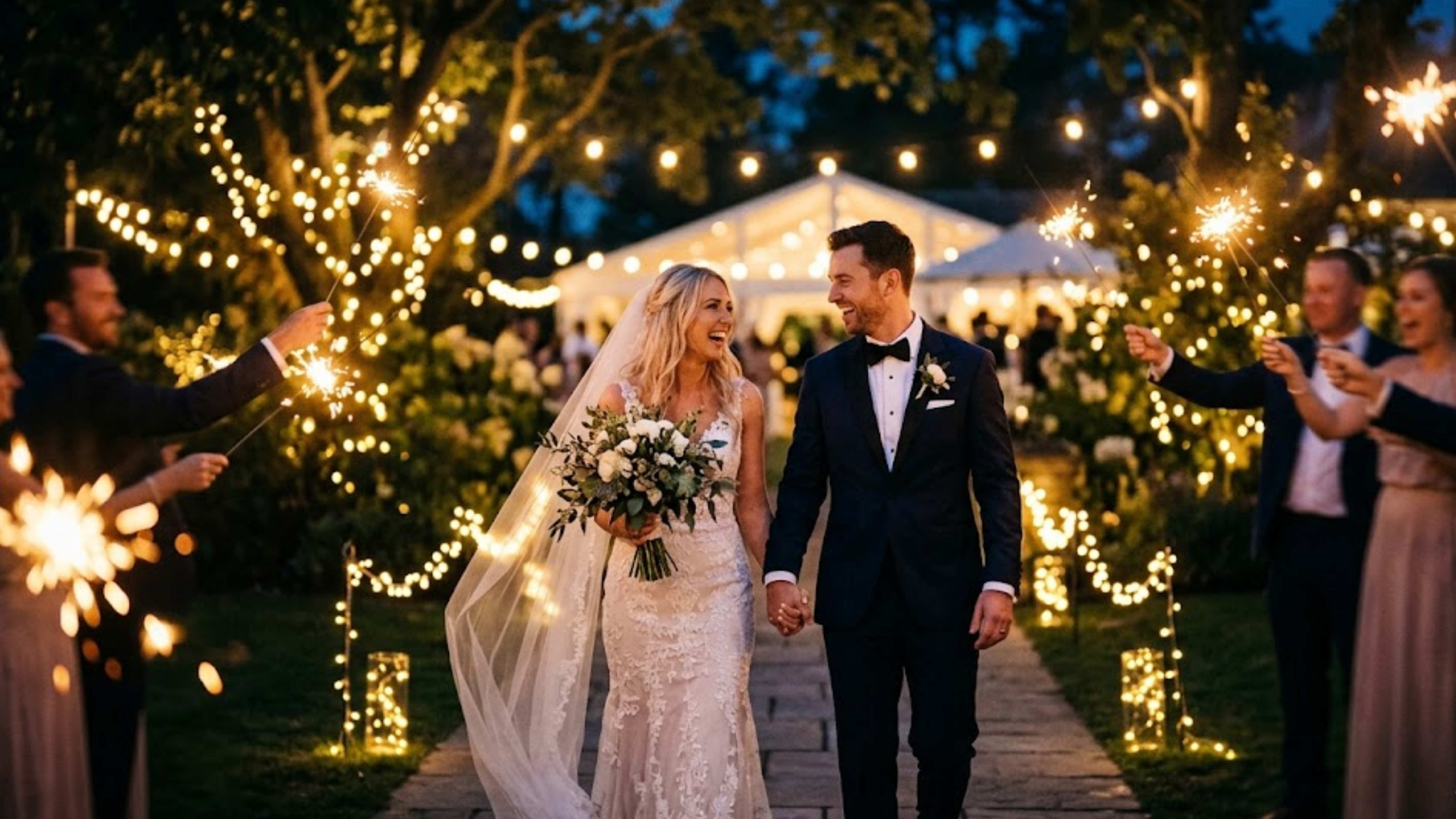 Newlyweds walk beneath raised sparklers as guests line both sides of their evening exit.