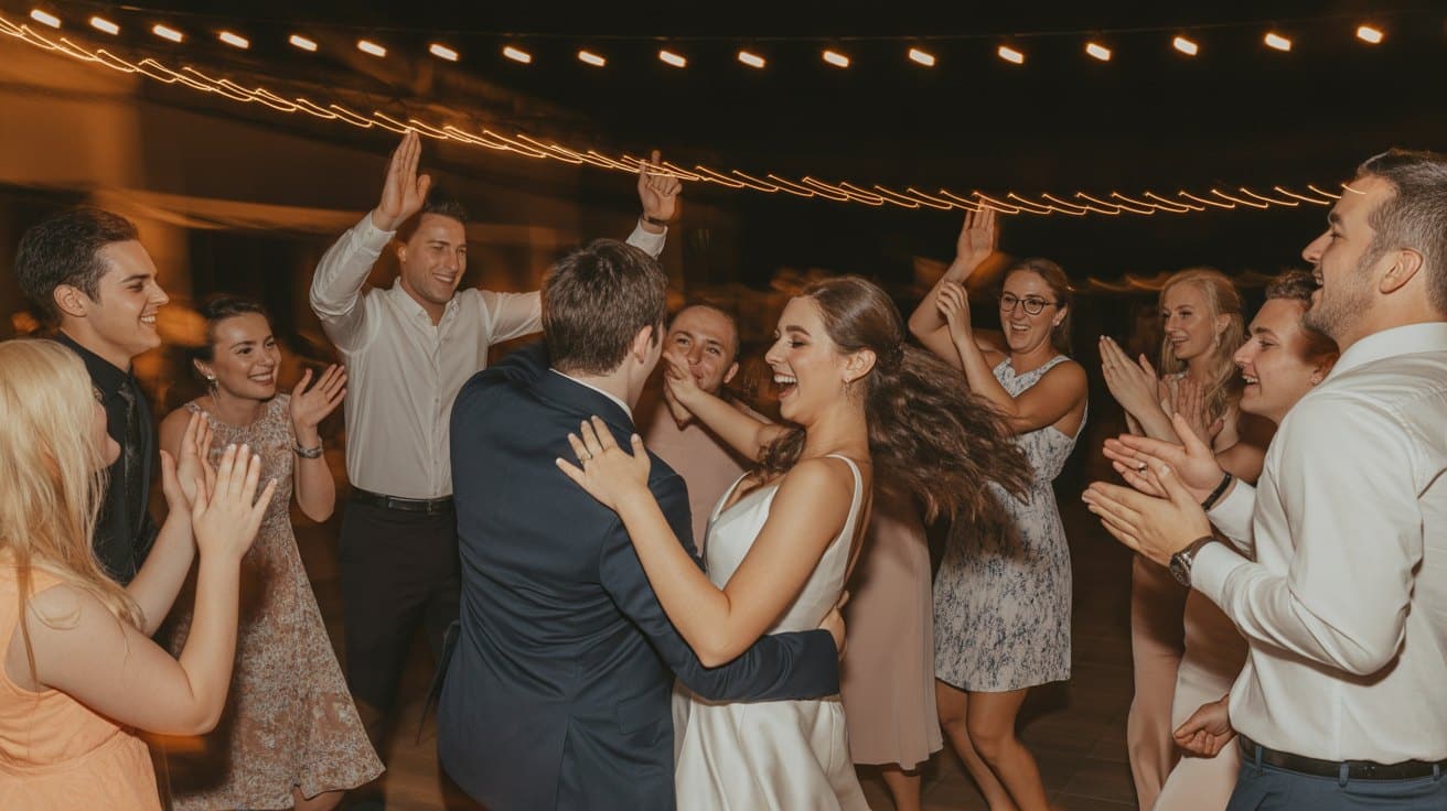The newlyweds and wedding party perform a surprise group dance on the reception floor.