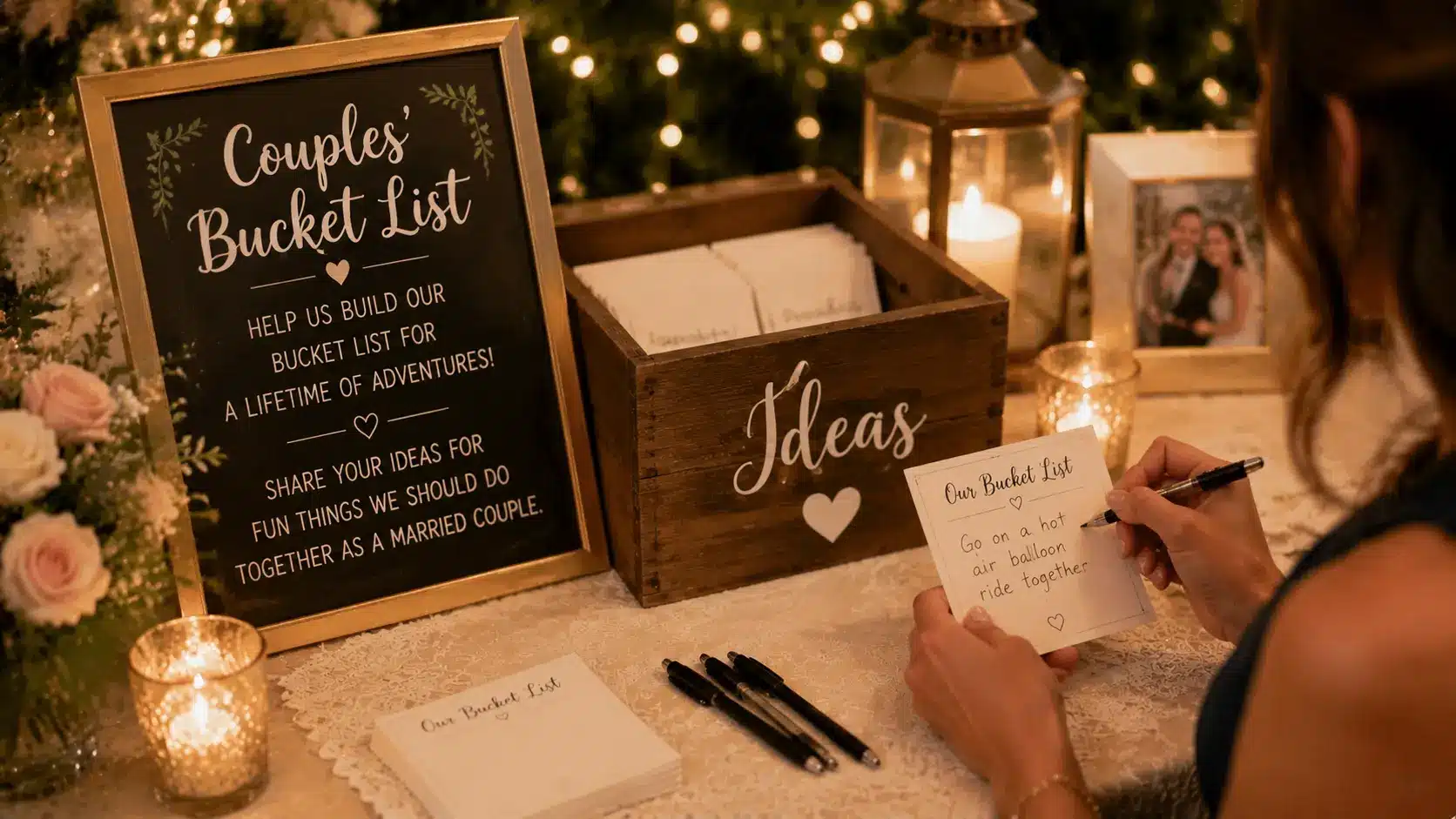 Guests write their ideas on a couples' bucket list at wedding.