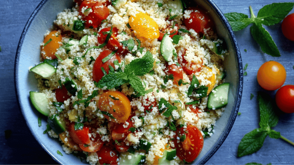 Couscous salad with fresh herbs, tomatoes, and lemon dressing