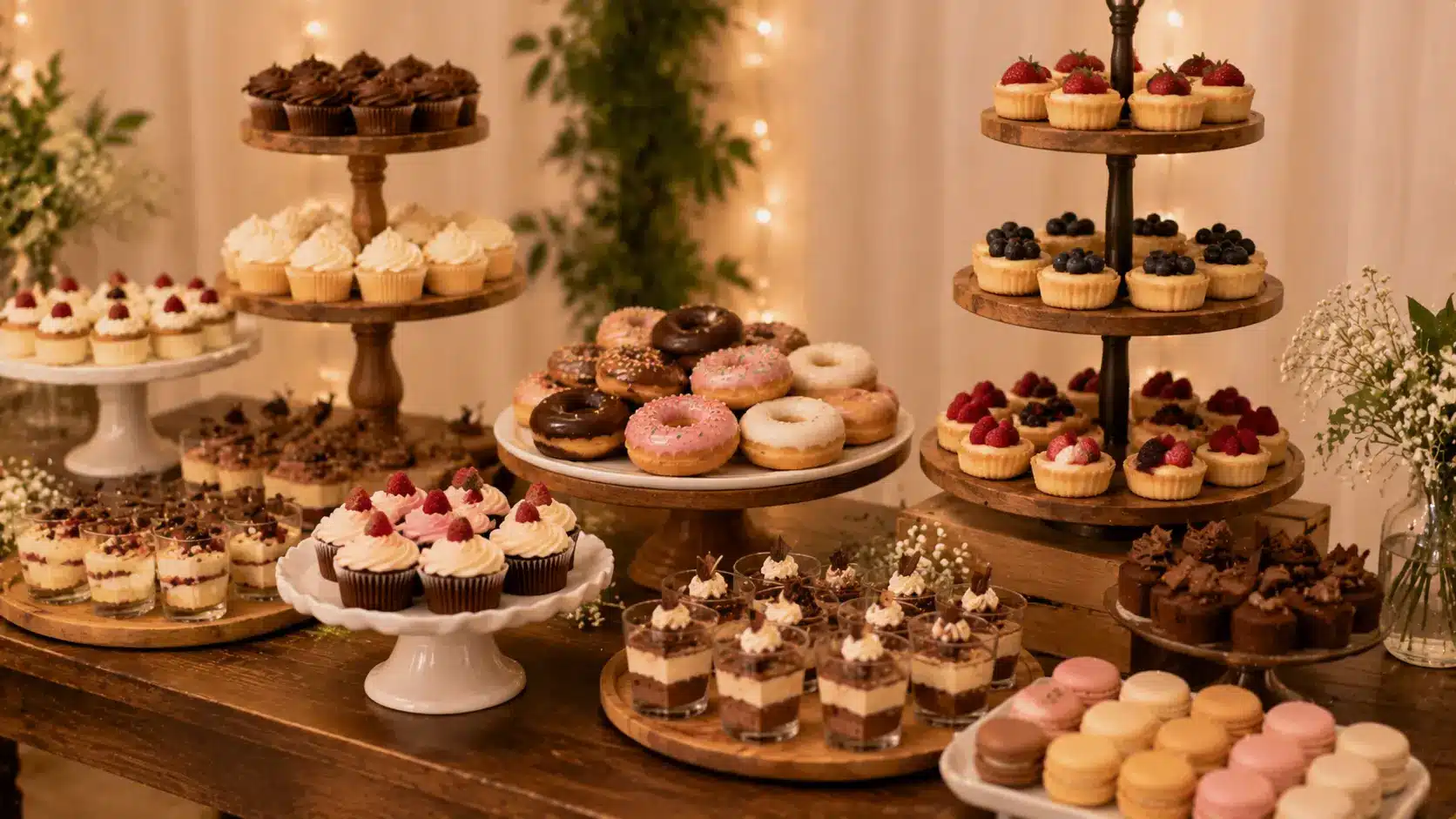 Cupcakes, donuts, pastries, and regional sweets fill a decorated wedding dessert bar.