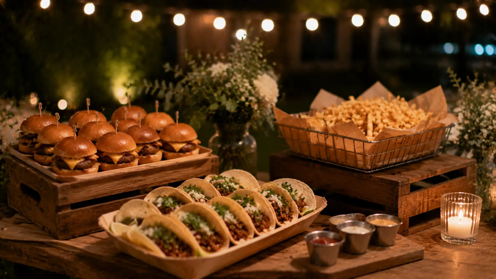 Guests gather around a late-night snack station serving fries, sliders, tacos, and dipping sauces.