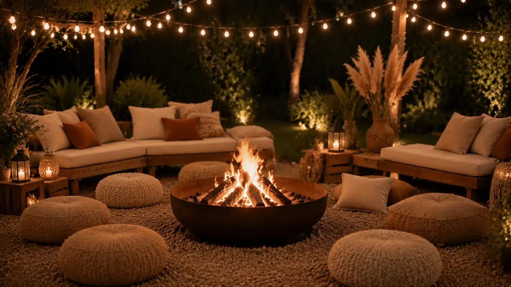 Wedding guests sit around a glowing bonfire in a cozy lounge area beneath string lights.