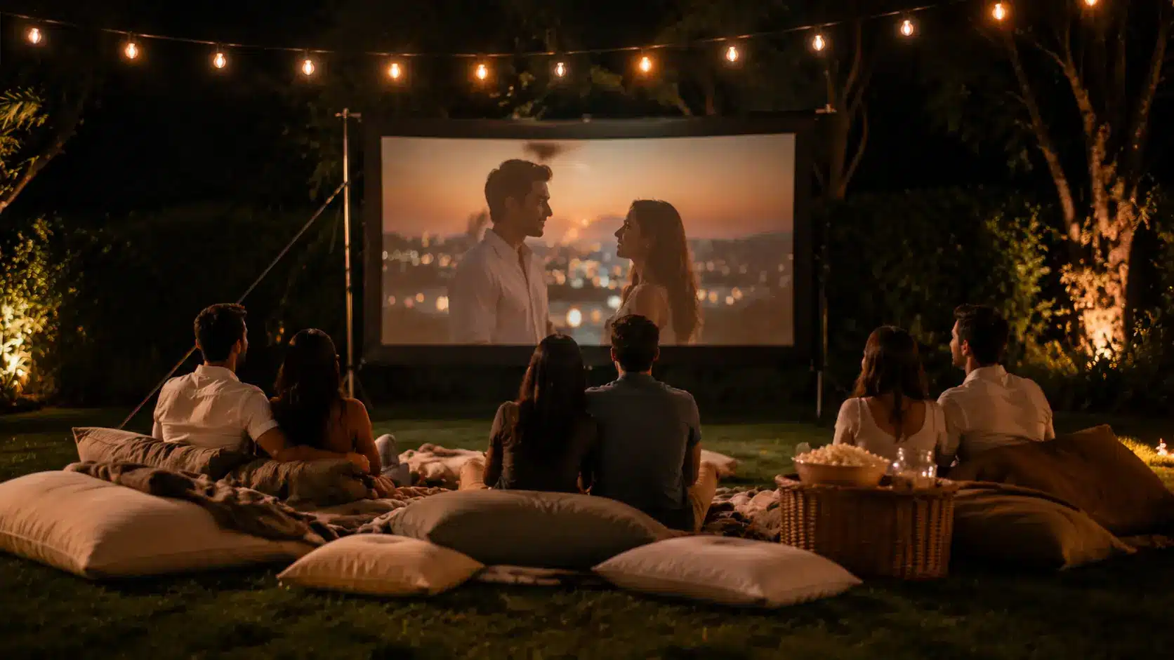 Guests watch a film on a large outdoor screen while seated on blankets with popcorn and candy.