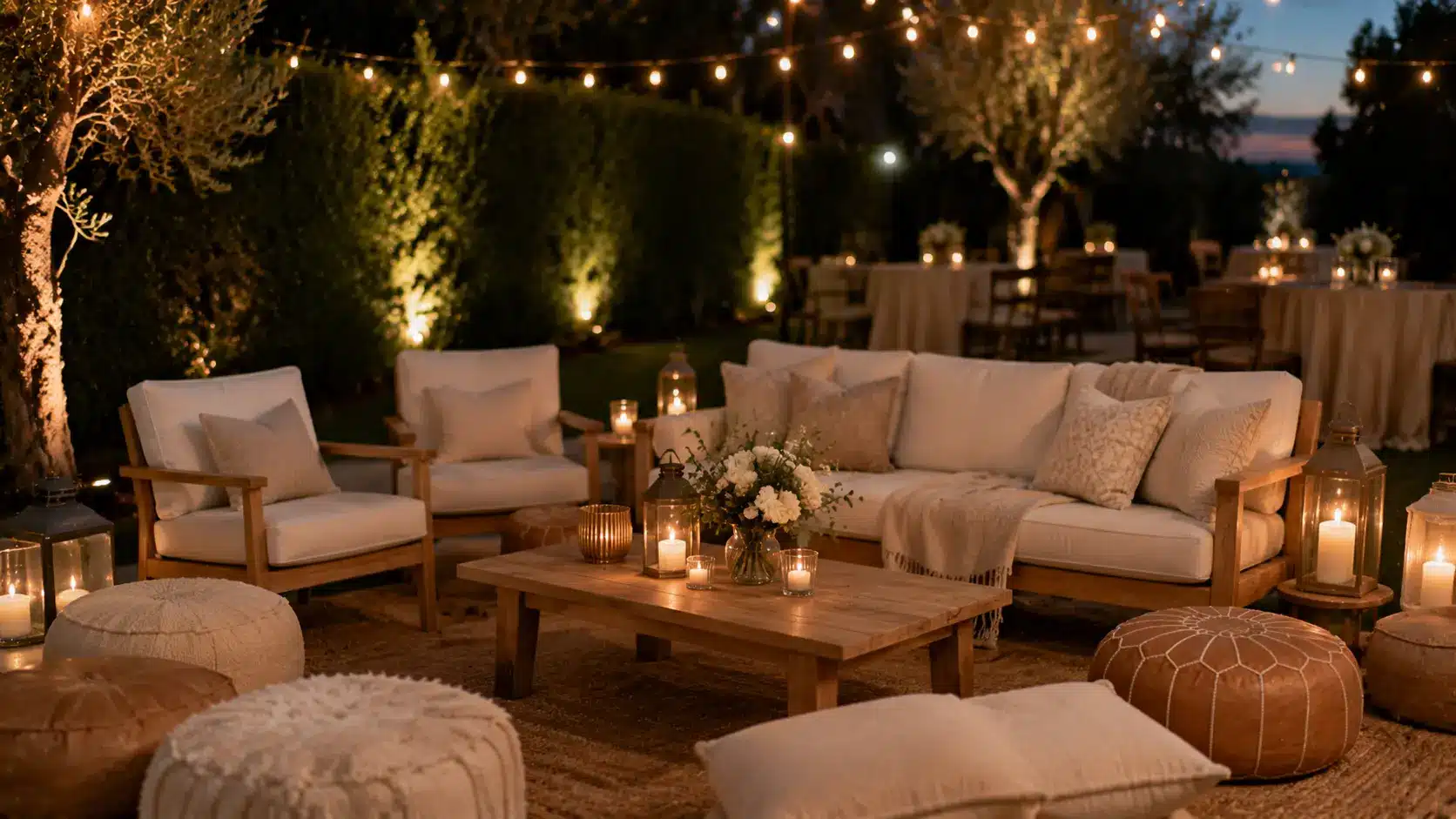 Guests chat on sofas and cushions in a softly lit lounge area beside the reception floor.