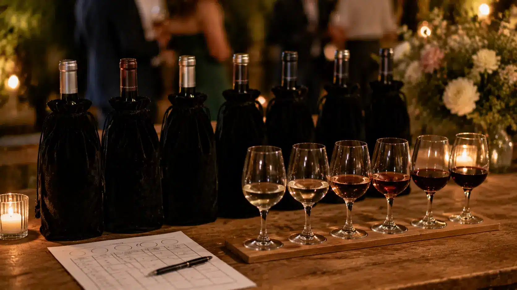 Guests sample unlabelled wine and craft beer while recording guesses on tasting cards.