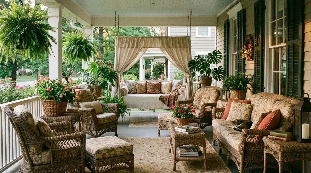 Cozy farmhouse porch with wicker seating, floral cushions, hanging ferns, porch swing, and lush potted plants.
