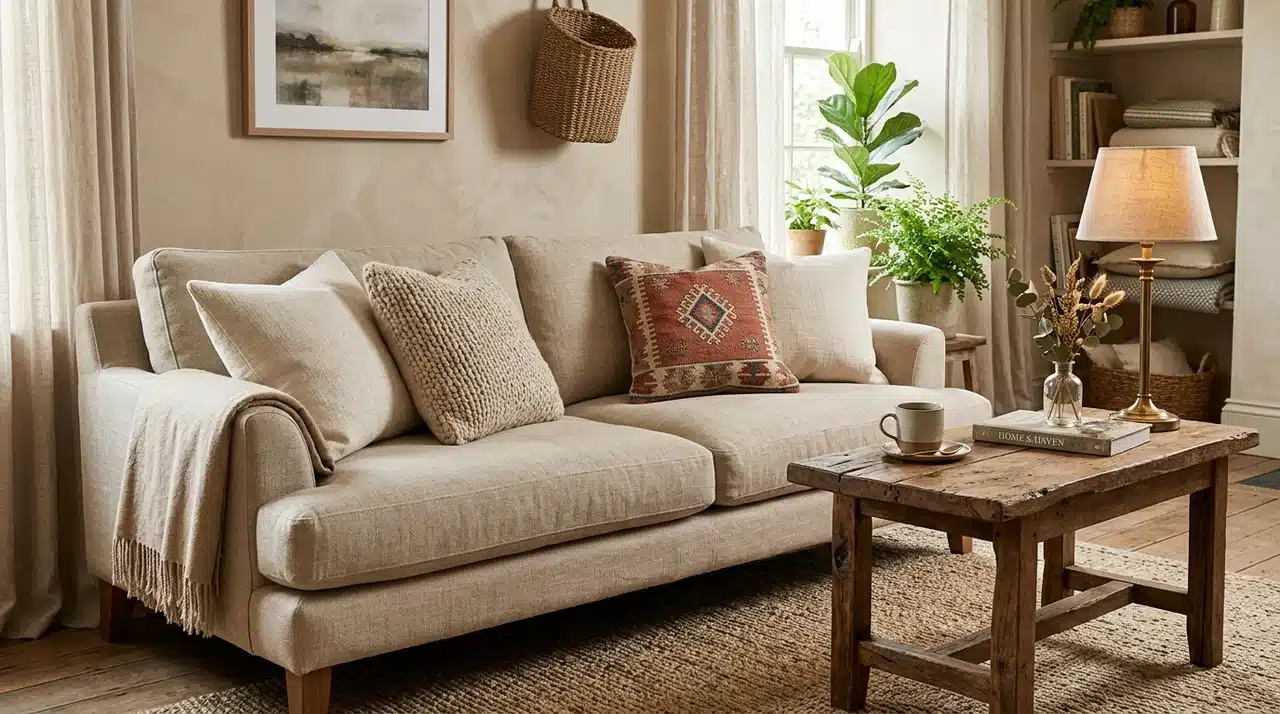 Farmhouse living room with a neutral fabric sofa, textured cushions, rustic coffee table, woven rug, and indoor plants.