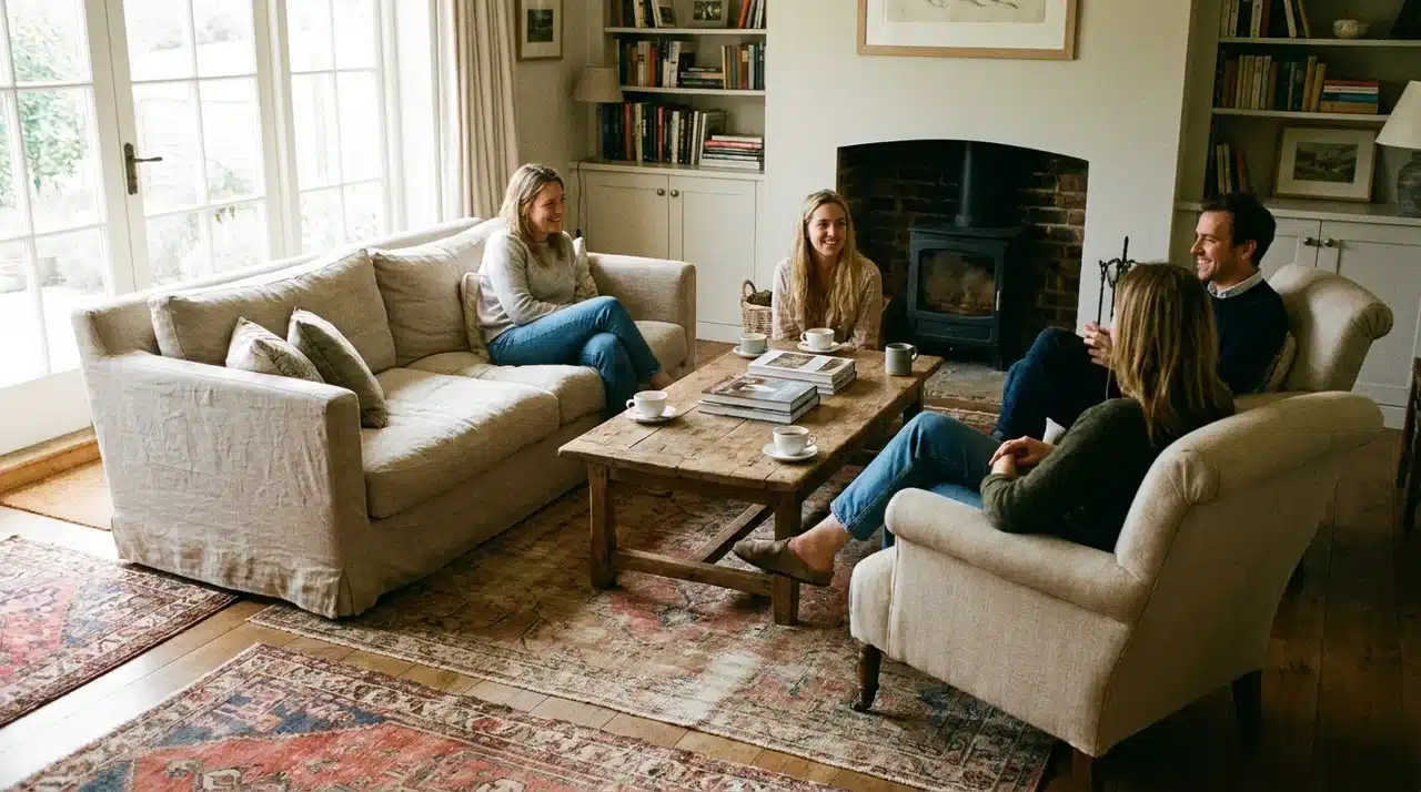 Farmhouse living room conversation area with neutral seating, rustic coffee table, patterned rug, and cozy fireplace.