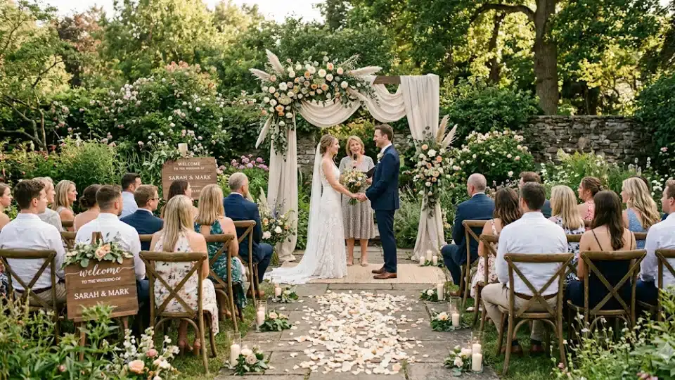 Wedding ceremony with couple under floral arch and guests seated outdoors