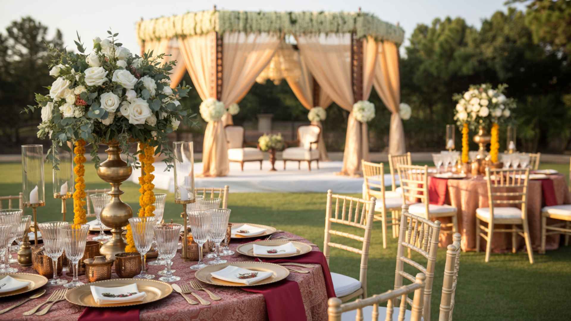Wedding blending two different heritages with attire, décor, music, and cuisine.