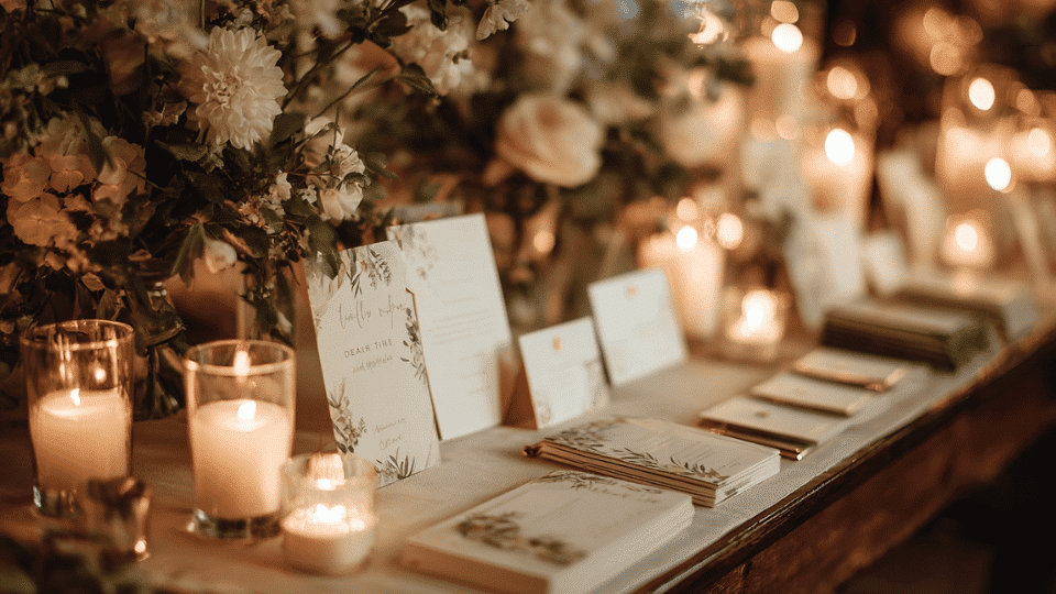 Custom wedding stationery favors on decorated table with candles and florals