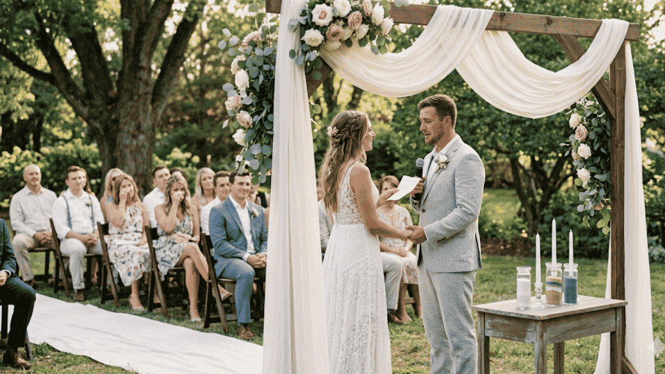 Wedding ceremony with couple exchanging vows under floral arch