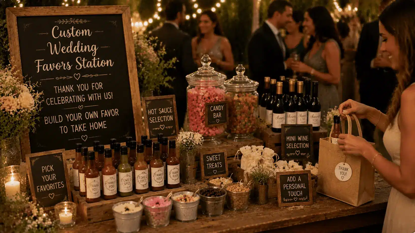 Guests select personalized wedding favors like hot sauce and candy.