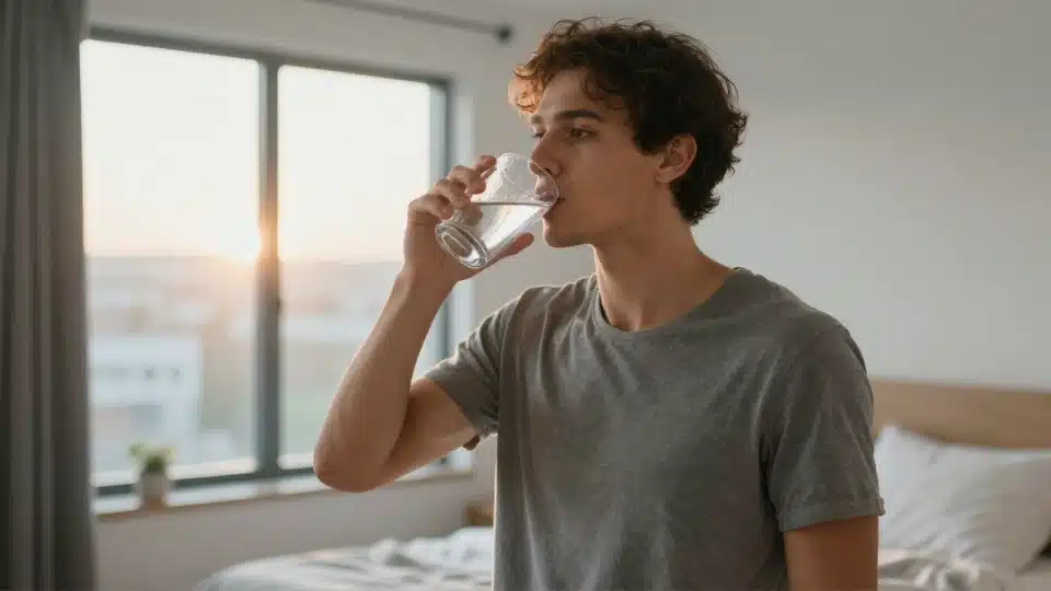 A man drinking water beside a sunlit bed in a cozy bedroom during a calm morning routine.