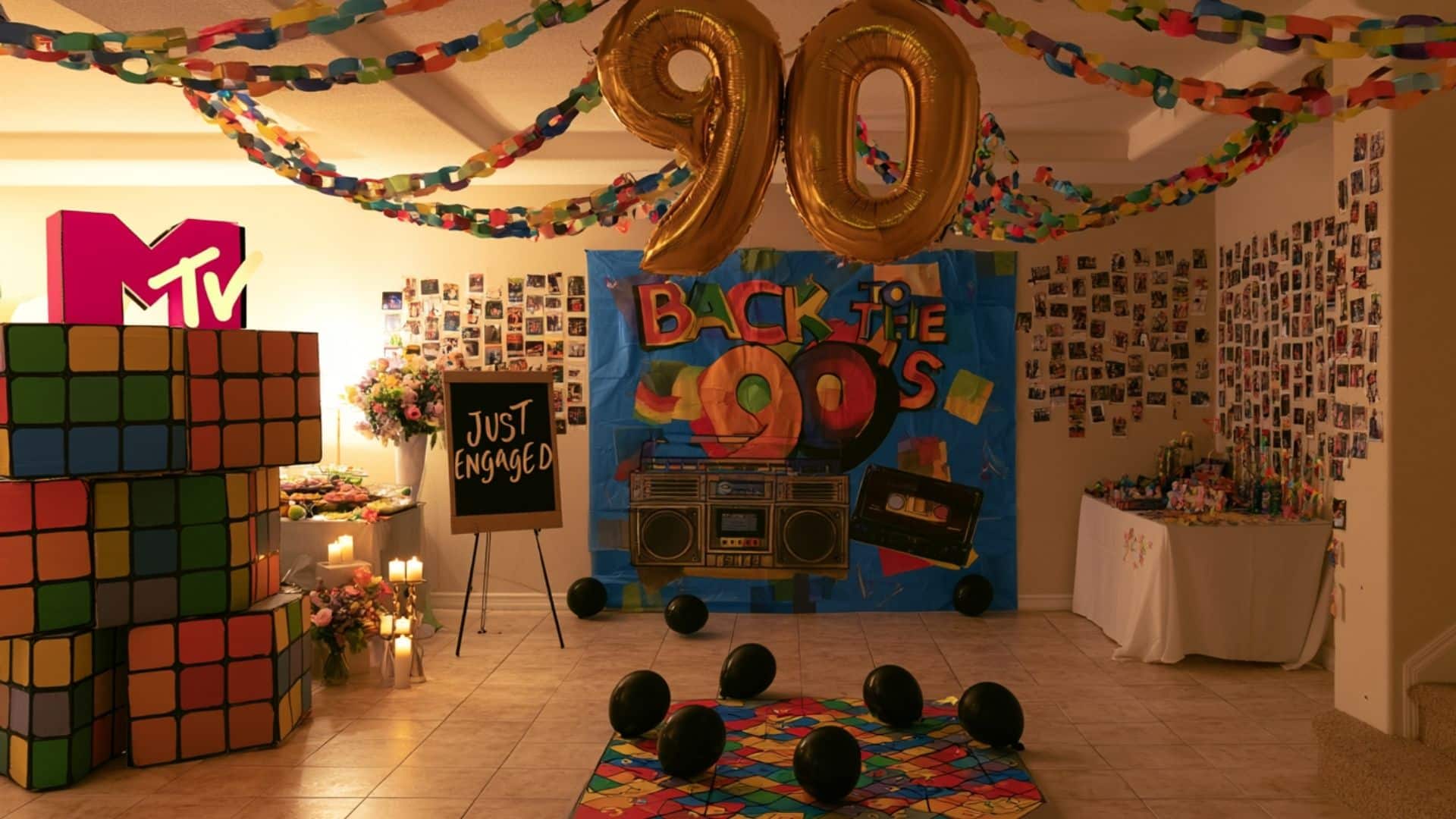 Retro engagement party with a vintage boombox, cassette tapes, disco ball, and subtle colorful lighting.