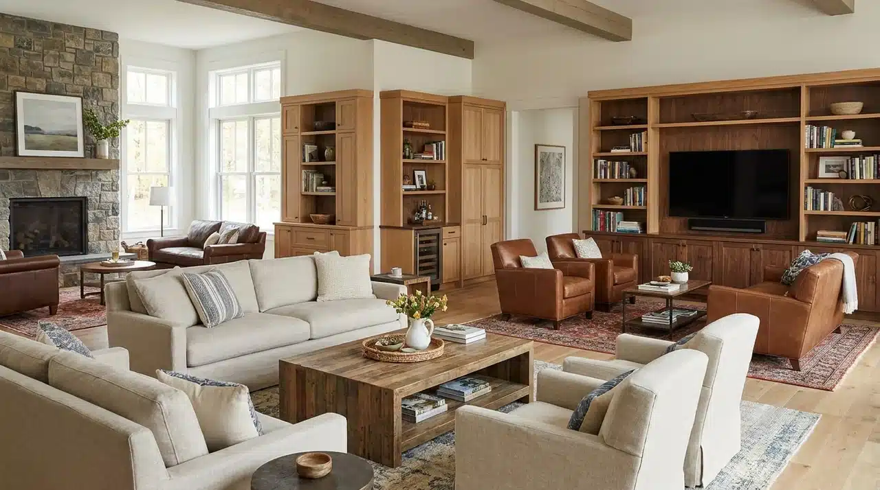Family-oriented farmhouse living room with neutral seating, wood built-ins, leather chairs, stone fireplace, and open layout.