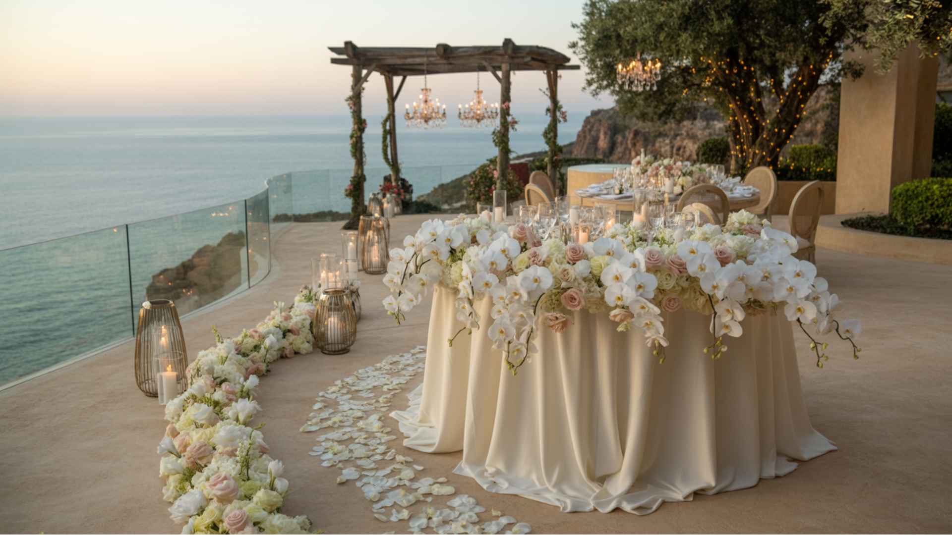 Wedding in a unique scenic location with elegant décor, tables, and immersive ambiance.