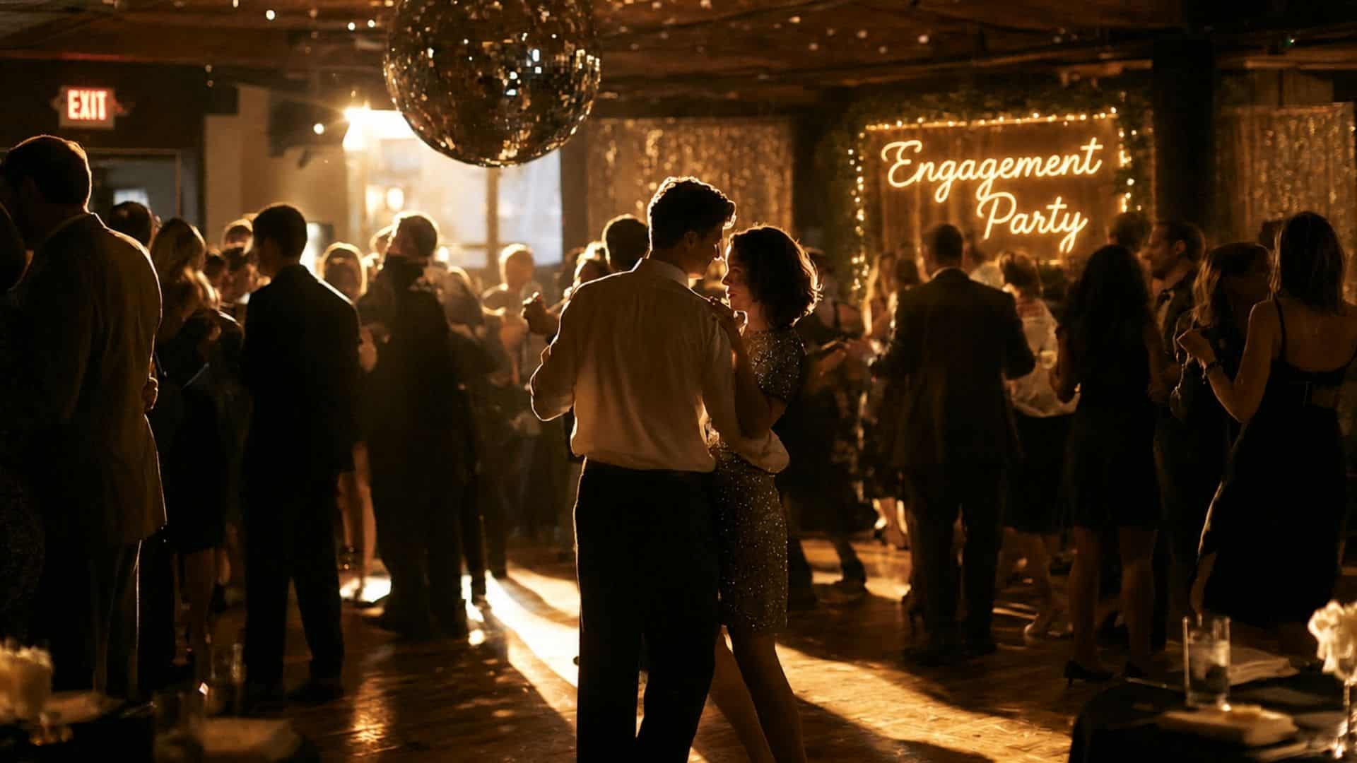 Engagement dance party with a mirrored disco ball, warm lighting, metallic accents, and guests dancing.
