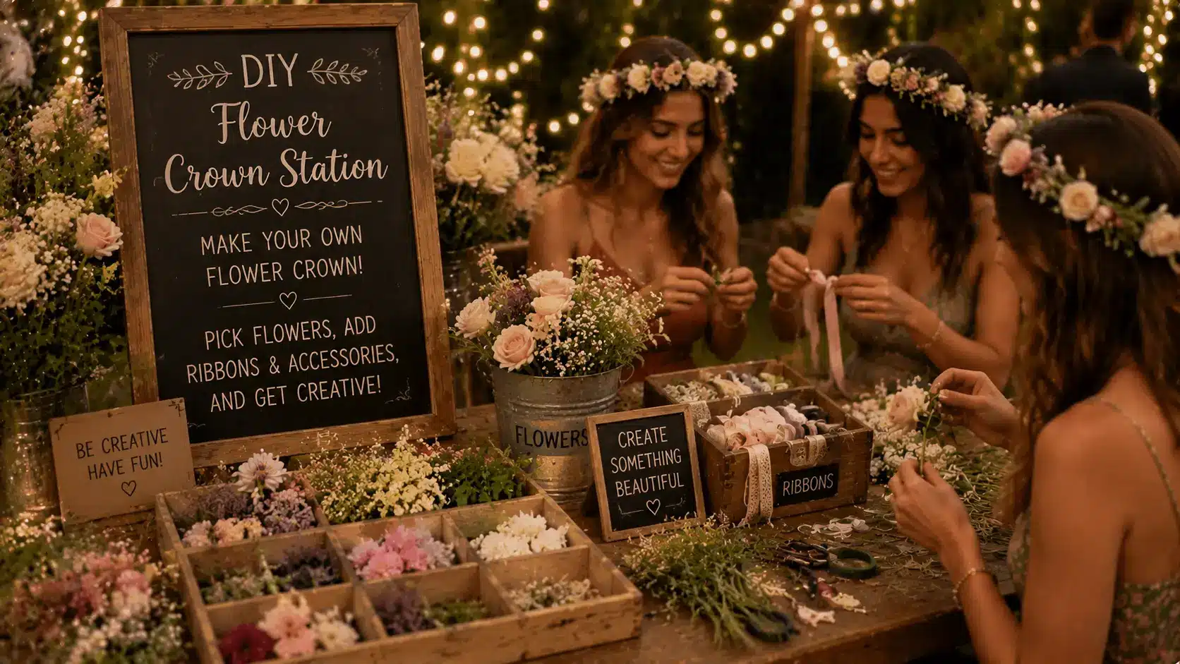 Guests create flower crowns at a cozy, beautifully decorated wedding station.