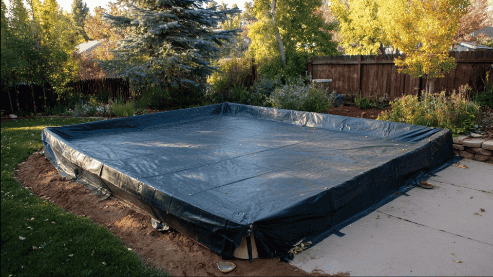 Backyard sandbox covered with a heavy-duty tarp secured tightly at the corners with cords.