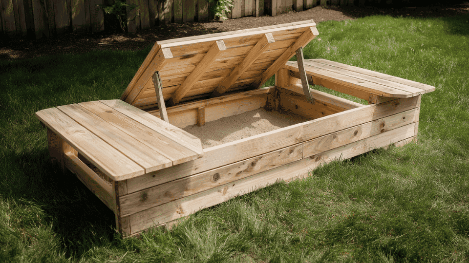 Wooden sandbox with a hinged folding cover opened into bench seats along both sides for kids to sit.