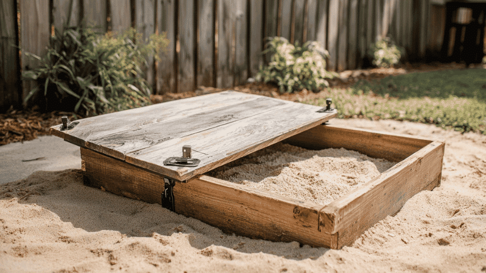 Wooden sandbox fitted with a solid hinged lid raised open and supported by a sturdy side arm.