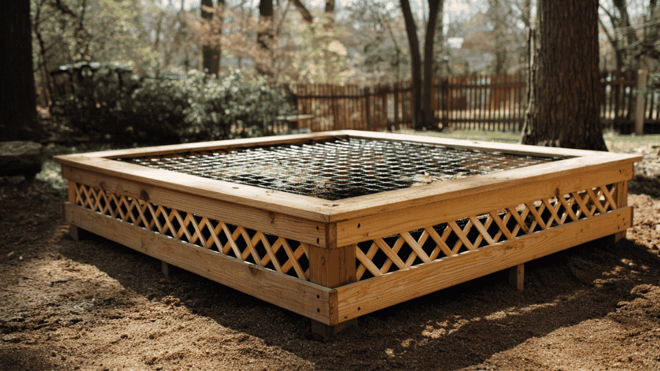 Wooden sandbox topped with a lightweight framed screen cover designed to block leaves and outdoor debris.