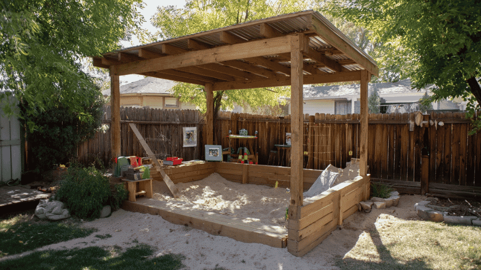 Wooden sandbox beneath a raised slatted canopy that provides shade and partial protection from rain.