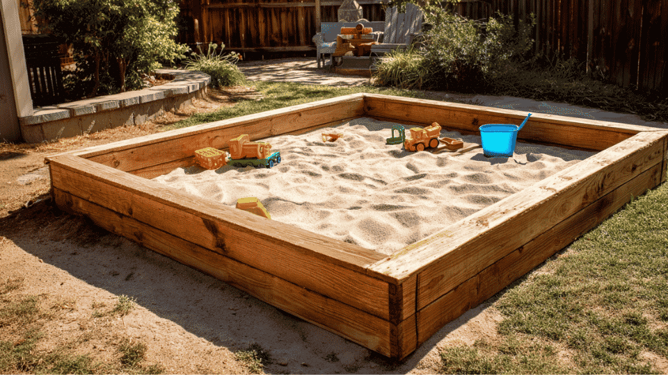 Wooden backyard sandbox filled with sand, toy trucks, a blue bucket, and a small shovel surrounded by grass and plants.