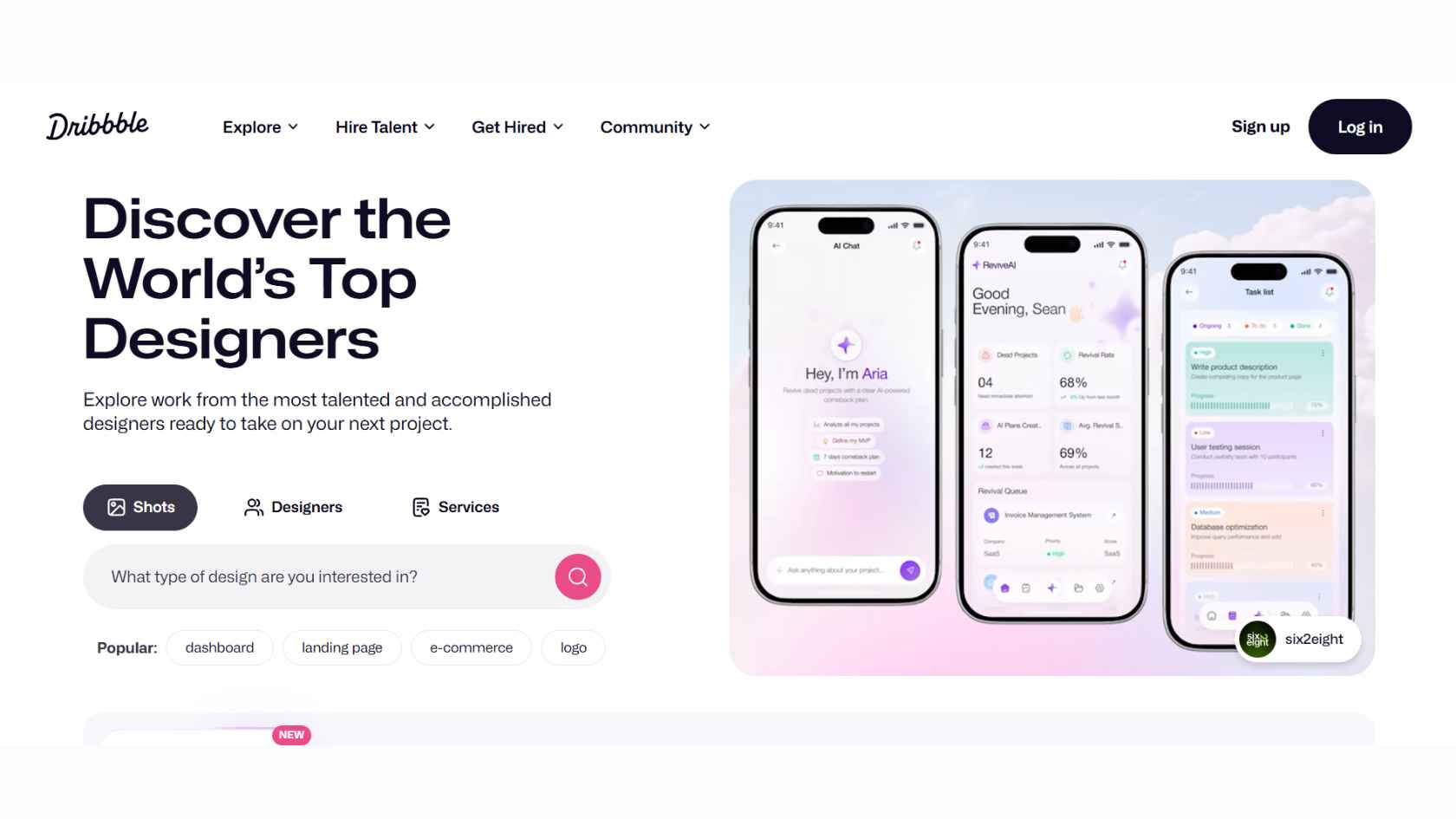 Dribbble website displaying creative design work, illustrations, branding, and UI inspiration.