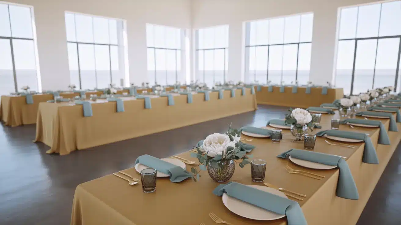 Minimal summer wedding styled in dusty blue and warm beige with soft, understated decorative elements.