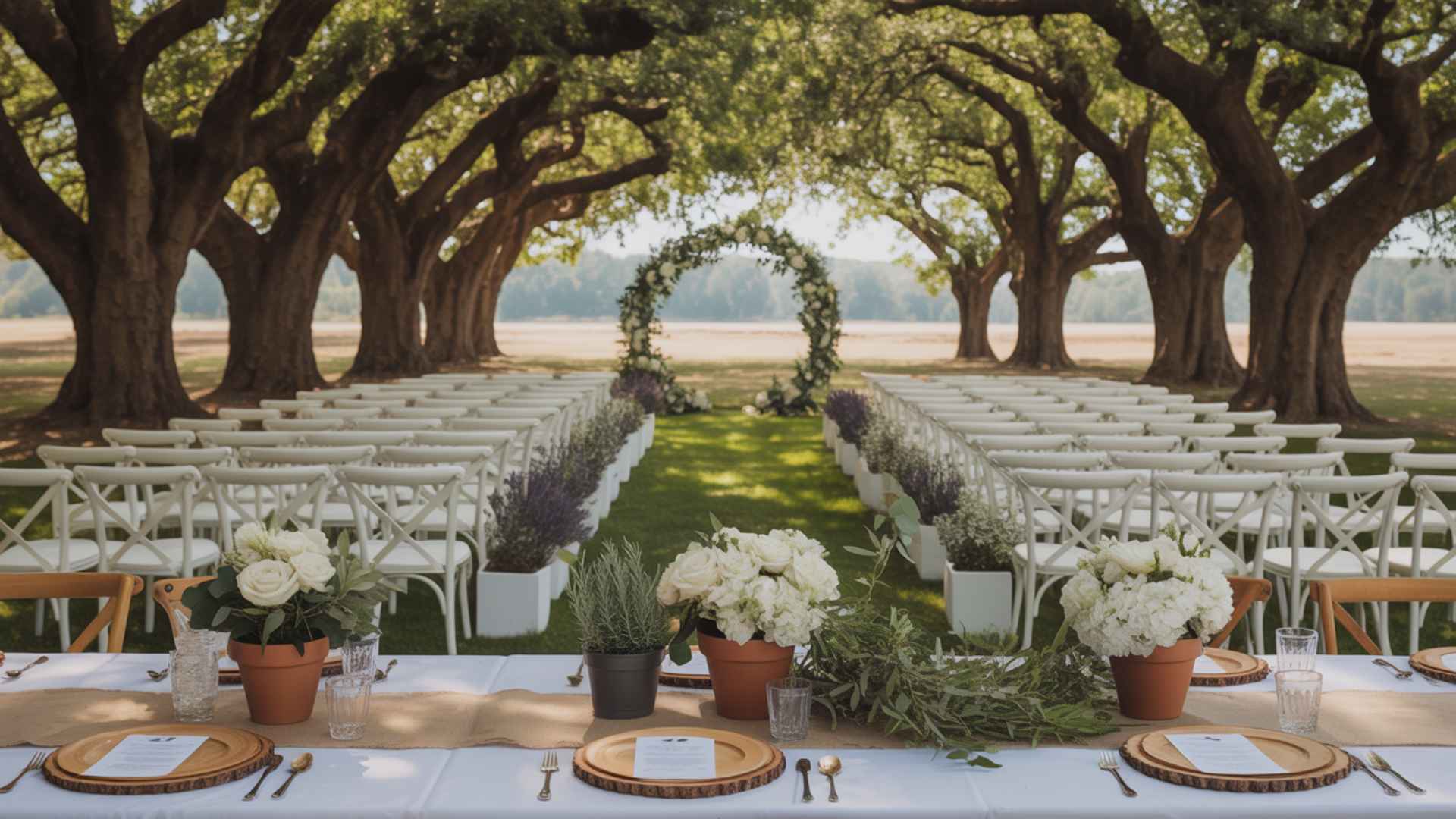 Wedding with potted plants, seasonal florals, biodegradable décor, eco-friendly.