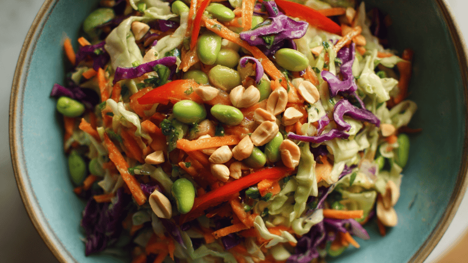 Edamame salad with cabbage, carrots, bell peppers, and peanuts