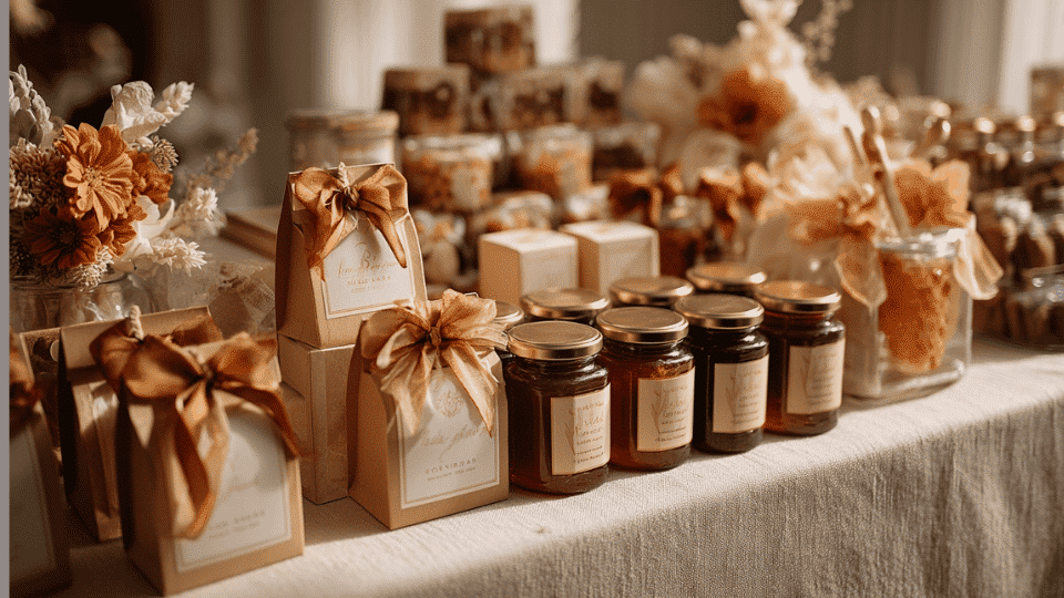 small wedding edible favors like honey jars, cookies, and chocolates