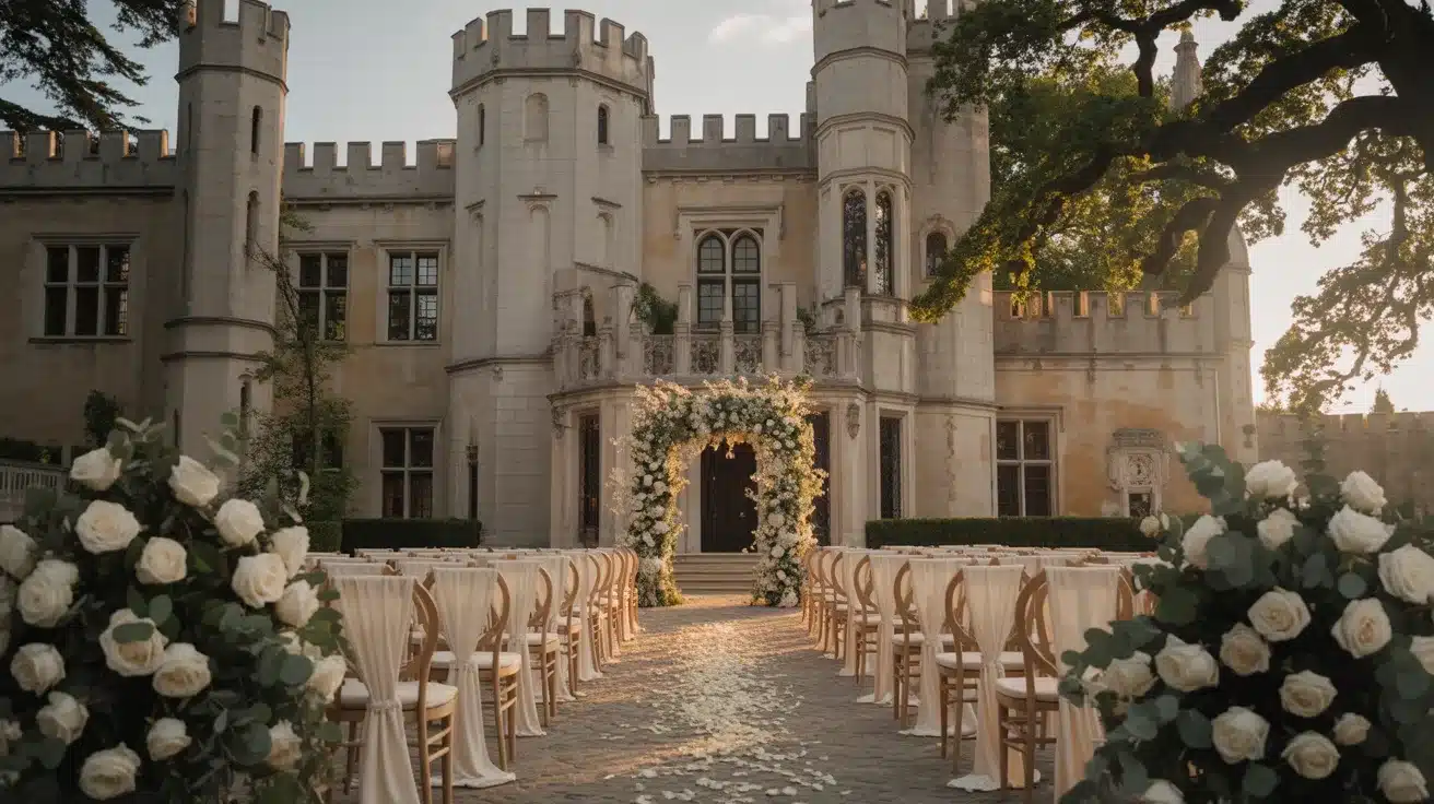 Castle wedding setting with grand stone architecture and an elegant fairytale atmosphere.