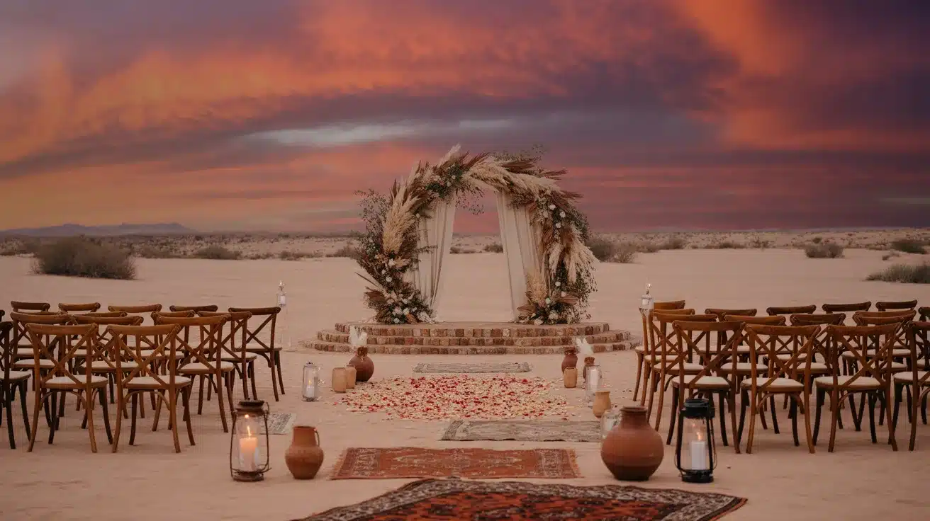 Elegant desert ceremony setting surrounded by open terrain beneath a dramatic sunset sky.