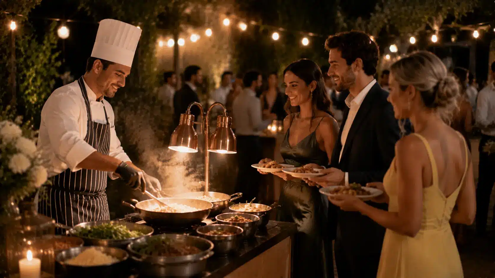 A chef prepares fresh dishes for guests at a live food counter during a wedding reception.