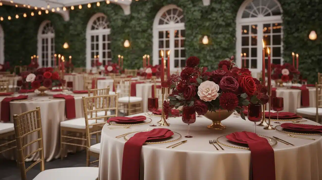 Romantic wedding setting styled with rich cherry red flowers and warm cream details for elegant contrast.